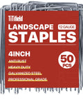 4 Inch Landscape Staples Pack Of 50 Galvanized Garden Stakes Anti Rust Pins For Securing Weed Barrier Fabric Artificial Turf And Landscape Fabric In Gardens And Yards displayed in packaging