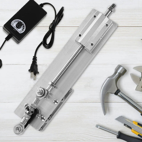 Super Cool Adjustable Linear Actuator Motor With Speed Controller Built Tough High Rigidity Aluminum Alloy Plus Stainless Steel For Micro Devices And Electric Gear Shifting Smooth Stroke Range 2 To 8cm on a workbench with tools.
