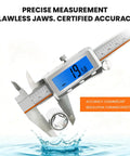 6 Inch Digital Caliper With Rechargeable Battery And Large Backlit LCD For Ultra Precise Measurements In Inches Millimeters And Fractions, Type C Charge, No More Battery Replacements, The Go To Tool For 3D Printing Woodworking And DIY, digital caliper measuring a metal ring