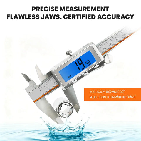 6 Inch Digital Caliper With Rechargeable Battery And Large Backlit LCD For Ultra Precise Measurements In Inches Millimeters And Fractions, Type C Charge, No More Battery Replacements, The Go To Tool For 3D Printing Woodworking And DIY, digital caliper measuring a metal ring