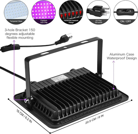 Back view of Two Pack 100W LED Black Light Flood Lights With Plug And Switch IP66 Waterproof showing bracket and dimensions.
