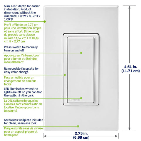 Decora Smart WiFi Light Switch With Matter Compatibility, Hands Free Voice Control With Alexa Google Assistant And Siri, Wireless Or Wired 3 Way Neutral Wire Required White D315S1RW with dimensions and features labeled.