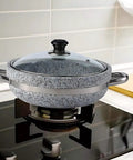 Heavy Duty Thick Granite Stone Bowl With Wood Base And Glass Lid Induction Ready Donabe Style Pot for Bibimbap on stove