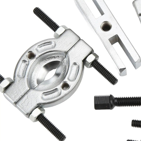 Close-up of 9 Piece Bearing Separator Set Portable Bearing Remover And Metal Bearing Splitter for auto repair, showing metal components.