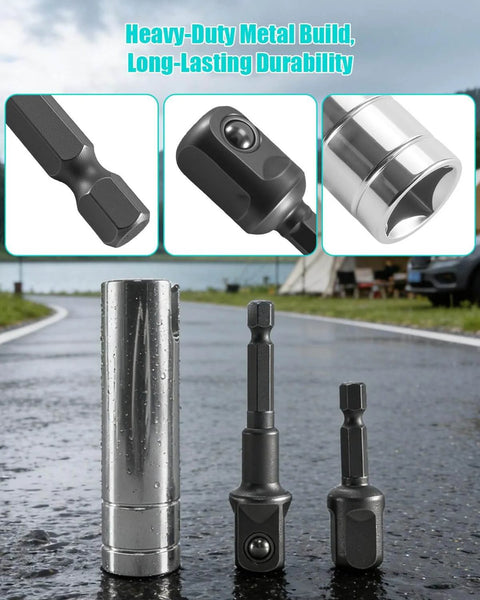 Crank Handle Adapter For Coleman Fleetwood Pop Up Campers With Three Eighth Inch Socket Drill Attachment in chrome on wet road