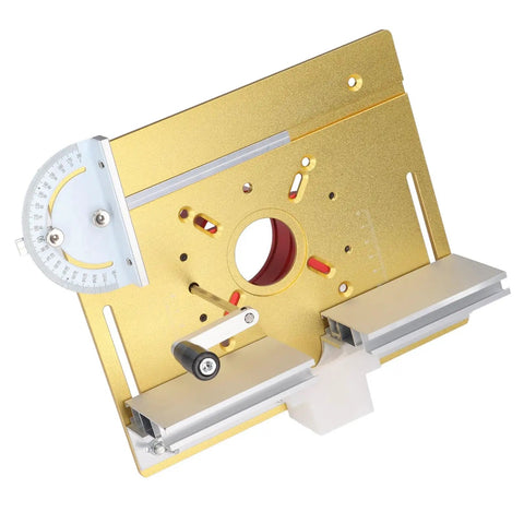 No Sweat Router Lift Base Kit With Precision Table Insert Plate showing precision components and gold powder-coated alloy surface.