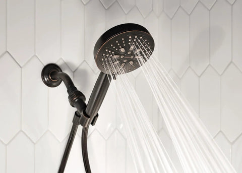 High Pressure Shower Head With Handheld Sprayer In Mediterranean Bronze Finish Delivers Forty Percent More Power With Eight Spray Modes