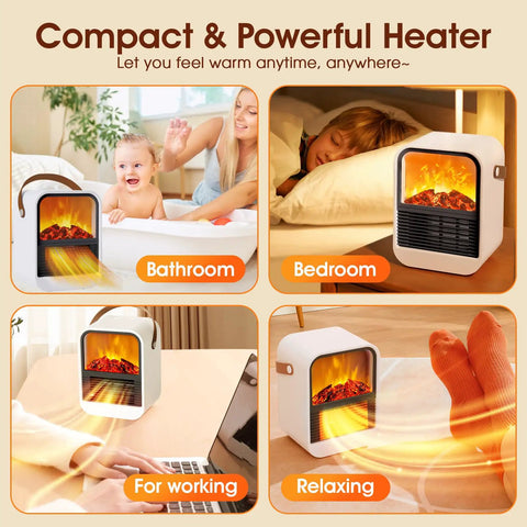 Compact Electric Fireplace Heater For Small Rooms With Real 3D Flame Vibe, PTC Ceramic Heating for bathroom and bedroom use.
