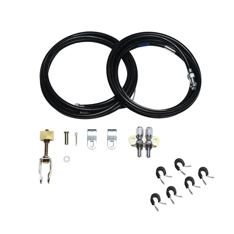 Universal Emergency Parking Brake Cable Kit With Hella Tough Corrosion Resistant Sheath And 110 Inch Reach includes cables and mounting hardware.