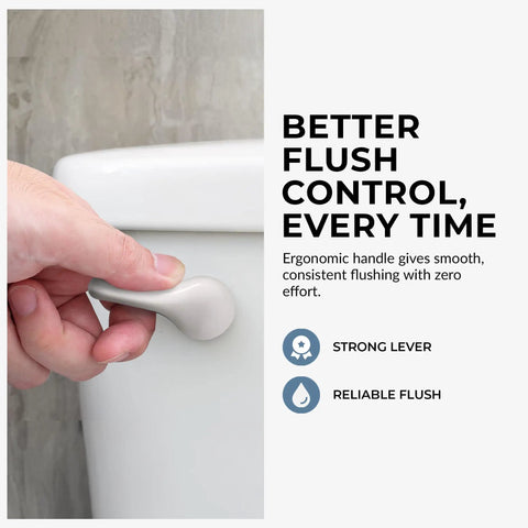 Hand pushing White Finish Front Mount Toilet Handle Replacement Kit With Universal Flush Lever For Most Standard Front Mount Toilet Tanks No Fuss Install Durable Brass And Plastic Parts Restores Smooth Quiet Flushing.