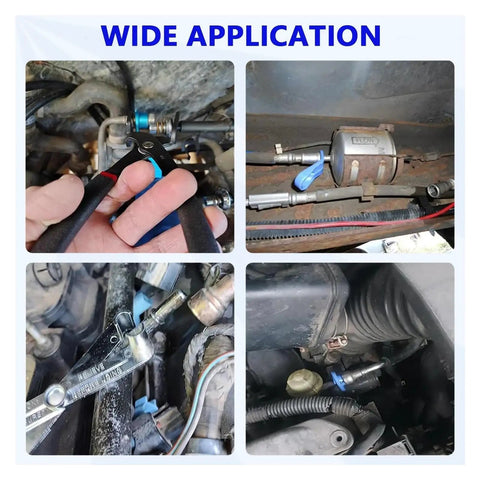 Heavy Duty 45 Piece Quick Release Hose Disconnect Tool Set For Automotive AC Fuel And Transmission Line Removal No Sweat Grind Ready Mechanic Essentials shown in various applications.
