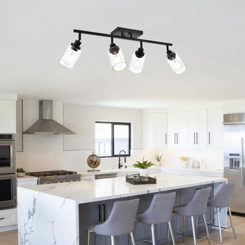 4 Light Track Lighting Kit Matte Black With Pivoting Heads 28.7-Inch Ceiling Spotlight Fixture installed in a modern kitchen