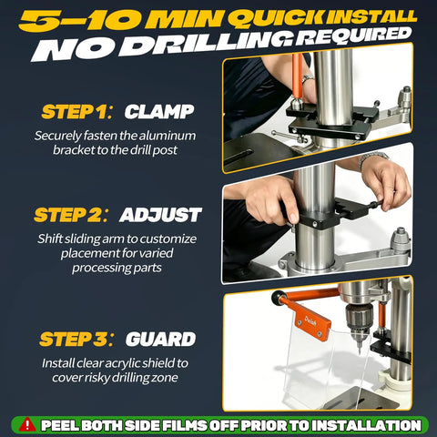 Step-by-step installation guide for Heavy Duty Aluminum Drill Press Safety Guard Flip Up Shield on a drill machine.