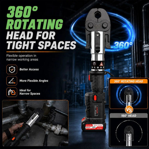 Hot 18V Cordless Electric Press Tool For Copper Pipes with 360° rotating head for tight spaces.