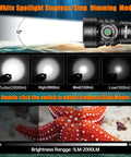 Four In One Dive Light For Scuba With 3600 Lumen Floodlight, 2000 Lumen Spotlight showcasing various dimming modes.