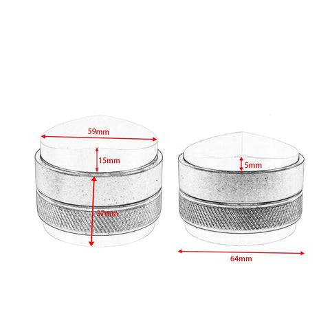 Top Shelf 58mm Espresso Distributor And Tamper Set, showing size dimensions of dual head coffee leveler and tamper tool.