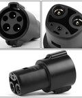 No Stress On The Fly J1772 To Tesla Charging Adapter showing multiple connector angles and components, compact design for charging Model 3 Y S X.