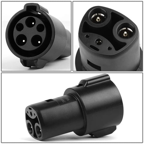No Stress On The Fly J1772 To Tesla Charging Adapter showing multiple connector angles and components, compact design for charging Model 3 Y S X.