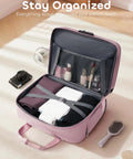 Open pink rolling laptop bag for women with dual lock and 16 inch computer briefcase showing compartments, TSA friendly locks