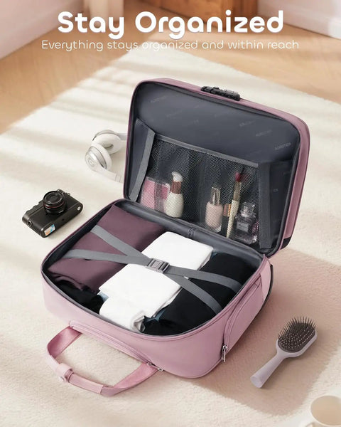 Open pink rolling laptop bag for women with dual lock and 16 inch computer briefcase showing compartments, TSA friendly locks