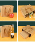 Kraft Paper Gift Bags Set Of 20 For Birthday Bashes And Weddings, holding apple, flowers, bottle, and gift box.