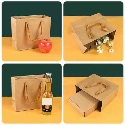 Kraft Paper Gift Bags Set Of 20 For Birthday Bashes And Weddings, holding apple, flowers, bottle, and gift box.