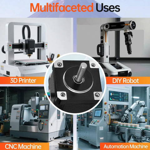 NEMA 14 Stepper Motor 2 Phase 1.8 Degree High Torque, shown in 3D printers, DIY robots, CNC, and automation machines.