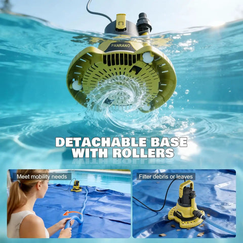 Badass Heavy Duty 1HP Submersible Pool Cover Pump With Detachable Base And Dual Outlets 3500 GPH Sump Drain Pump in water.