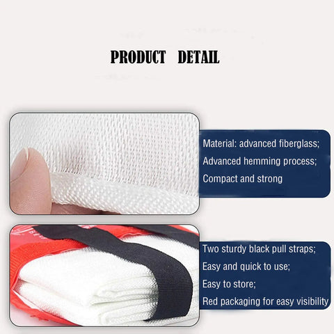 Close-up of Emergency Fire Blanket Kit for Kitchen Fireplace Grill Car and Camping showing fibreglass material and pull straps.