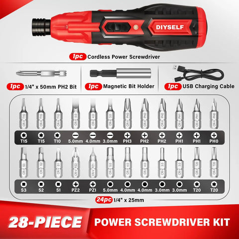 Top Rated Cordless Electric Screwdriver Kit With 28 Handy Bits And Magnetic Holder USB Powered For Quick Home Fixes and DIY Tasks Stored In A Slick Compact Case - Display of bits and screwdriver.