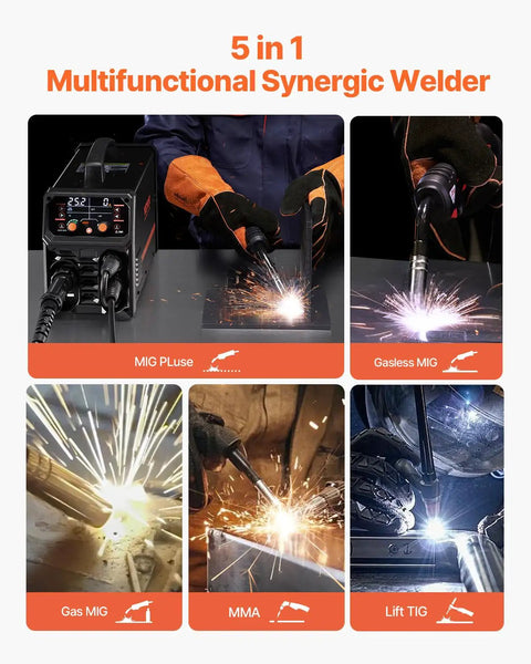 Workhorse 250A 5 In One MIG Welder with Pulse Arc Gasless MIG Flux Core MMA and Lift TIG in use with sparks flying