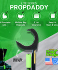 Hands Free Dumpster Lid Prop 3 Pack Skip The Stink And Keep Your Trash And Recycling Bins Sanitary With Zero Grip Hassle For Plastic Lids. Image shows PropDaddy tool with a green and black design.