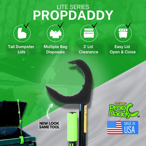 Hands Free Dumpster Lid Prop 3 Pack Skip The Stink And Keep Your Trash And Recycling Bins Sanitary With Zero Grip Hassle For Plastic Lids. Image shows PropDaddy tool with a green and black design.