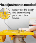 Close-up of yellow Grid Router Guide Kit for Dovetail Track Systems showing self-indexing design with setup instructions.