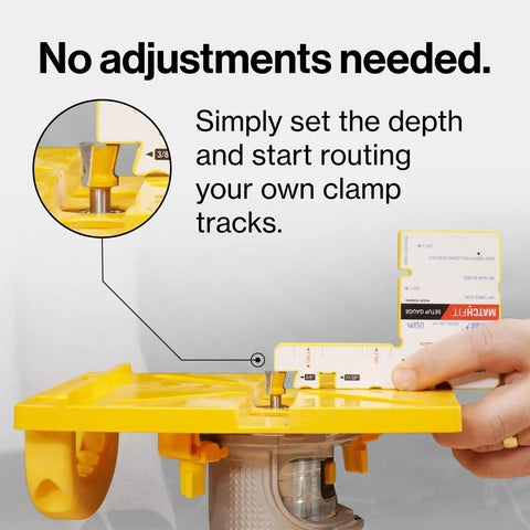 Close-up of yellow Grid Router Guide Kit for Dovetail Track Systems showing self-indexing design with setup instructions.
