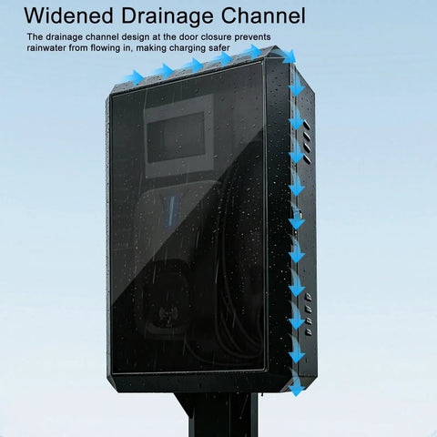 Heavy Duty Outdoor EV Charger Enclosure With Pedestal Stand close-up showing widened drainage channel preventing rainwater ingress.