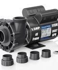 Built Tough 1.5HP Dual Speed Spa Pump Featuring Slick 48 Frame Motor Design And Kickass Water Flow With Zero Sweat Quick Swap Install For Ultimate Hot Tub Vibes, showing pump and fittings.