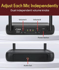 Close-up of volume knobs and buttons on a Dual Channel Wireless Microphone System With Dual Frequency Receiver And 2 Lavalier Mics, 2 Headset