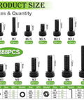 Metric Screws Kit Mega Pack 888 Pieces M4 M3 M2.5 M2 Hex Socket Head Cap Screws With Nuts Washers Black Zinc Plated 12.9 Grade Alloy Steel