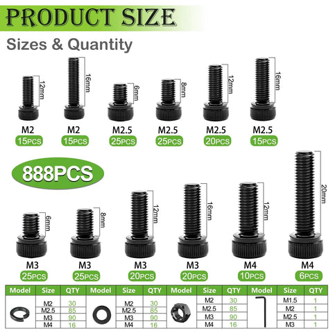 Metric Screws Kit Mega Pack 888 Pieces M4 M3 M2.5 M2 Hex Socket Head Cap Screws With Nuts Washers Black Zinc Plated 12.9 Grade Alloy Steel