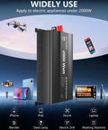 2000W 12V DC to 110V AC power inverter with remote control, 3 AC outlets, 2.4A USB port shown with various compatible devices