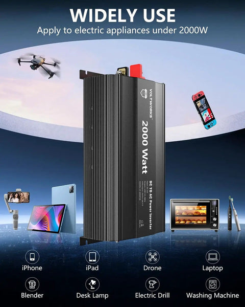 2000W 12V DC to 110V AC power inverter with remote control, 3 AC outlets, 2.4A USB port shown with various compatible devices