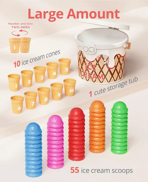 Colorful Ice Cream Preschool Learning Kit for Counting and Color Sorting Kid Friendly 65 Piece Hands On Math Manipulatives set