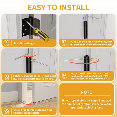 Installation guide for 3 Pack 4 Inch Self Closing Spring Hinges For Doors Heavy Duty Steel Build with numbered steps.