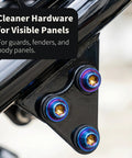 Heavy Duty Titanium Fasteners With A Slick Burnt Blue Finish M6 X 18mm Fully Threaded T30 Torx Button Head Screws installed on a vehicle panel.
