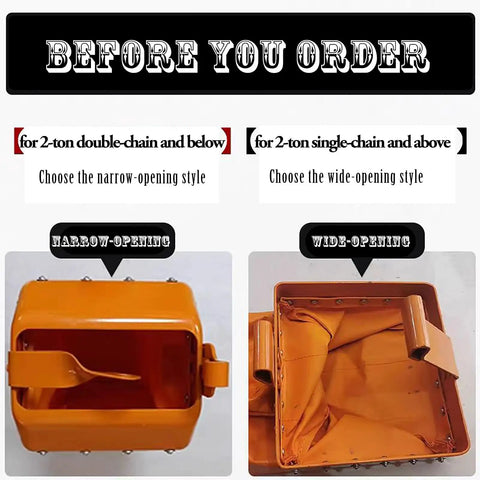 Two views of Chain Bag Container For Overhead Manual Bridge Hoist Crane Chain Storage: narrow-opening and wide-opening styles in orange PVC.
