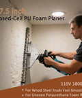 Pro Grade 27.5 Inch Closed Cell PU Foam Planer Cuts Polyurethane Walls Fast, smoothing foam with precision on a wall.