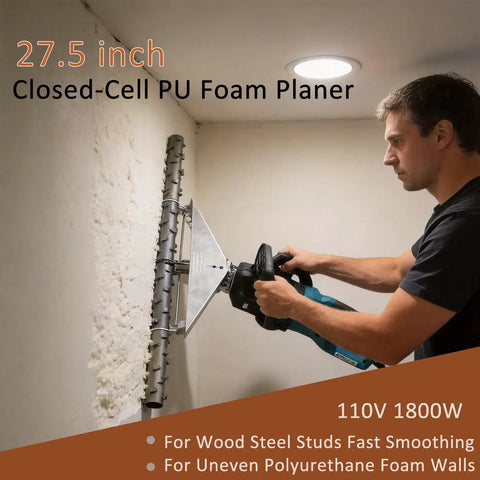Pro Grade 27.5 Inch Closed Cell PU Foam Planer Cuts Polyurethane Walls Fast, smoothing foam with precision on a wall.