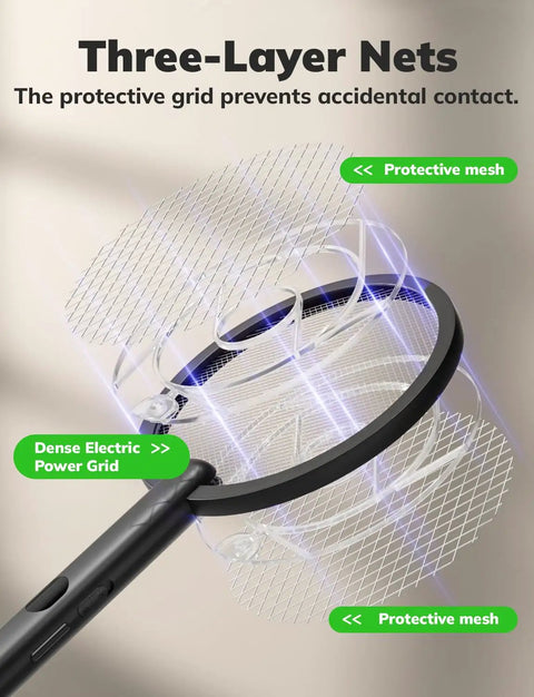Close-up of Electric Fly Swatter Bug Zapper Racket 4000V With LED Screen Dual Modes showing three-layer protective mesh grid