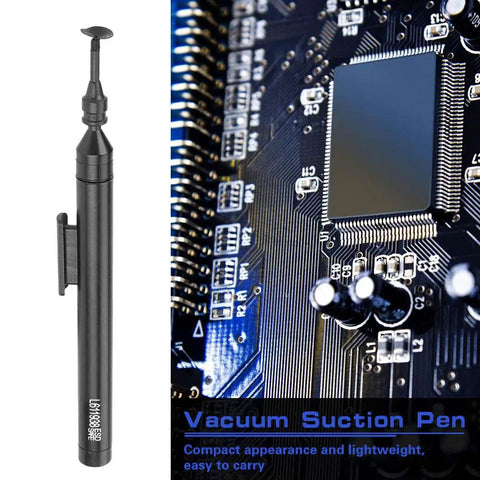 Portable Vacuum Suction Pen Kit With Six Suction Pads And Two Tips For Snagging ICs And SMDs beside a circuit board close-up